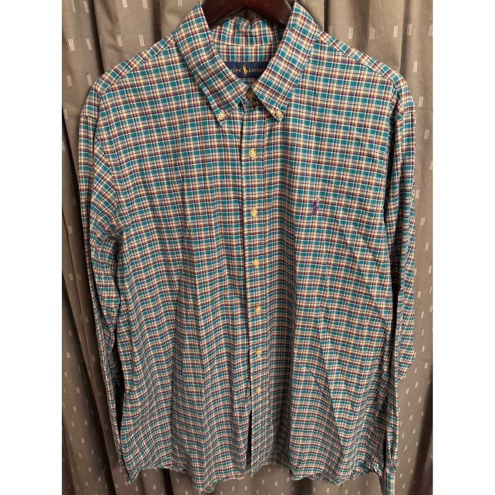 Ralph Lauren Mens XL Plaid Button Down Shirt Teal Purple Cotton Long Sleeve